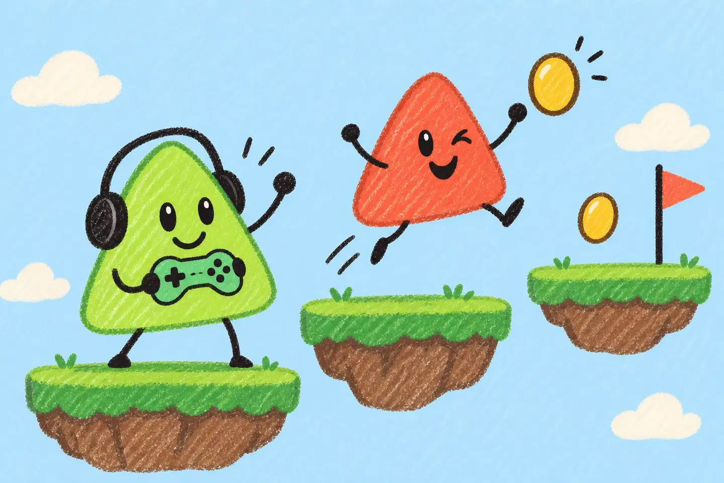Crayon’s green and coral mascots playing in a platform game world