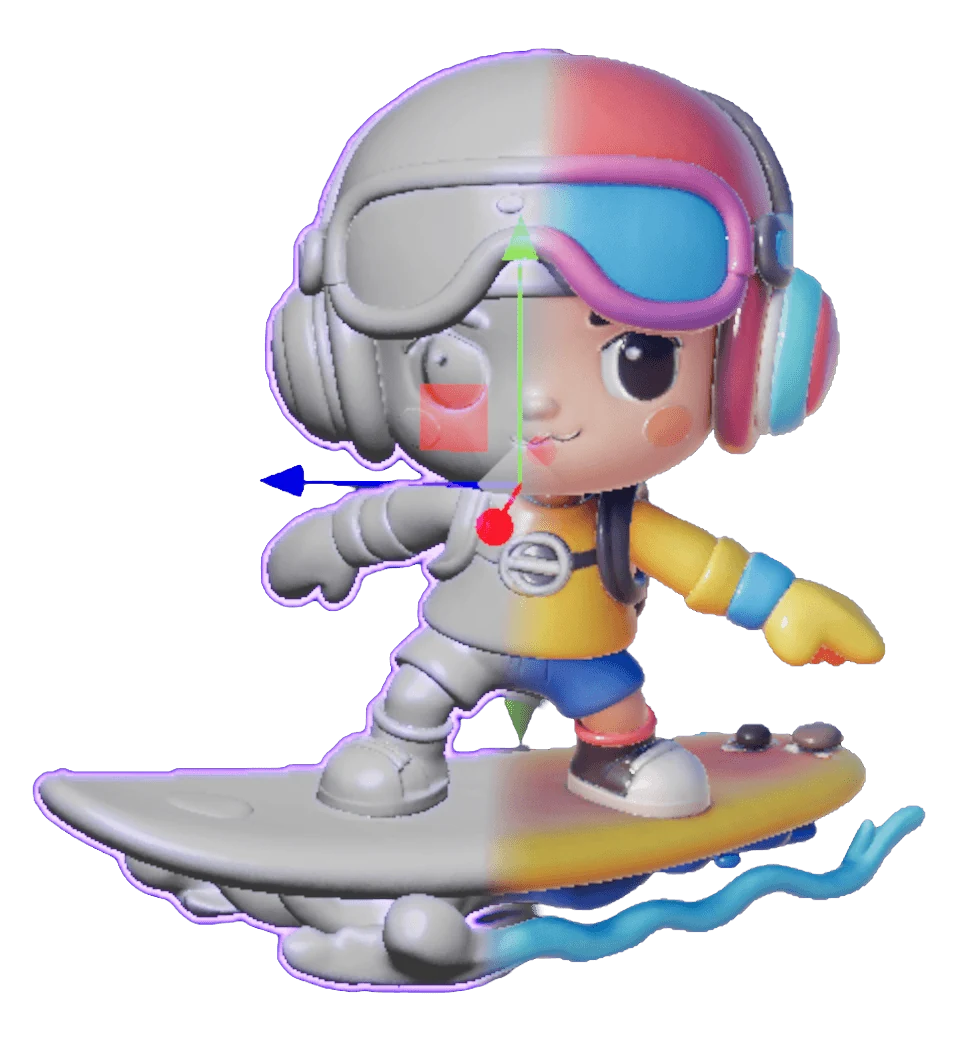 A 3D surfer character split down the middle: untextured grey model on the left, the finished coloured version with helmet and headphones on the right.
