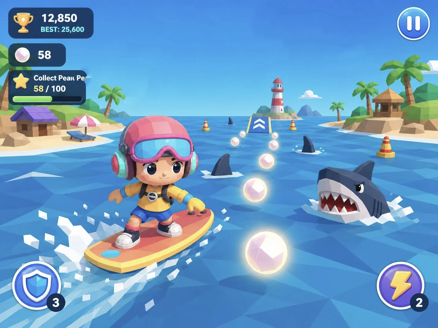 A frame of the finished surfer game: the character rides between shark fins collecting glowing pearls, score and pearl counter on screen.